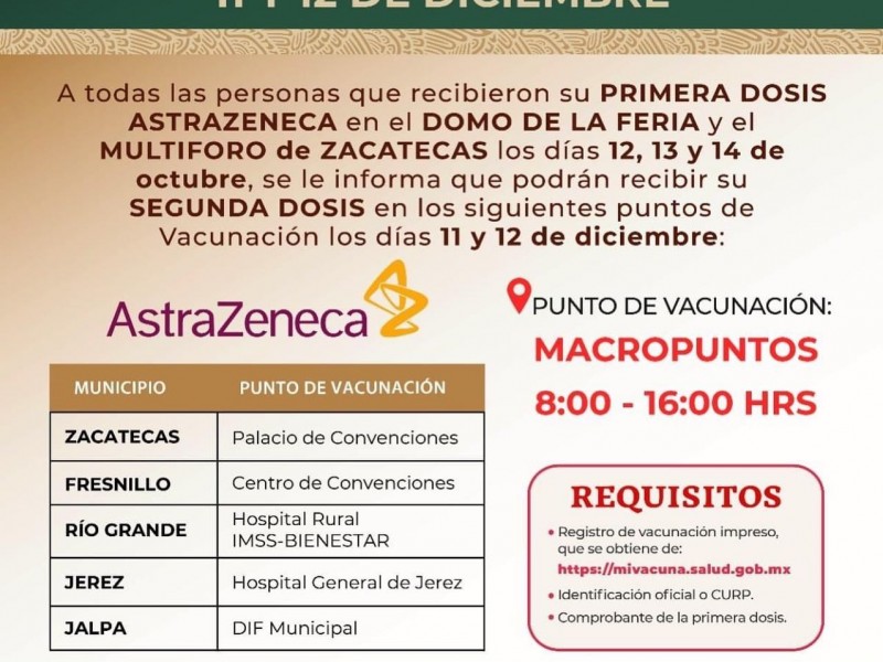 ¡Pasa la voz! aplicarán segunda dosis de AstraZeneca