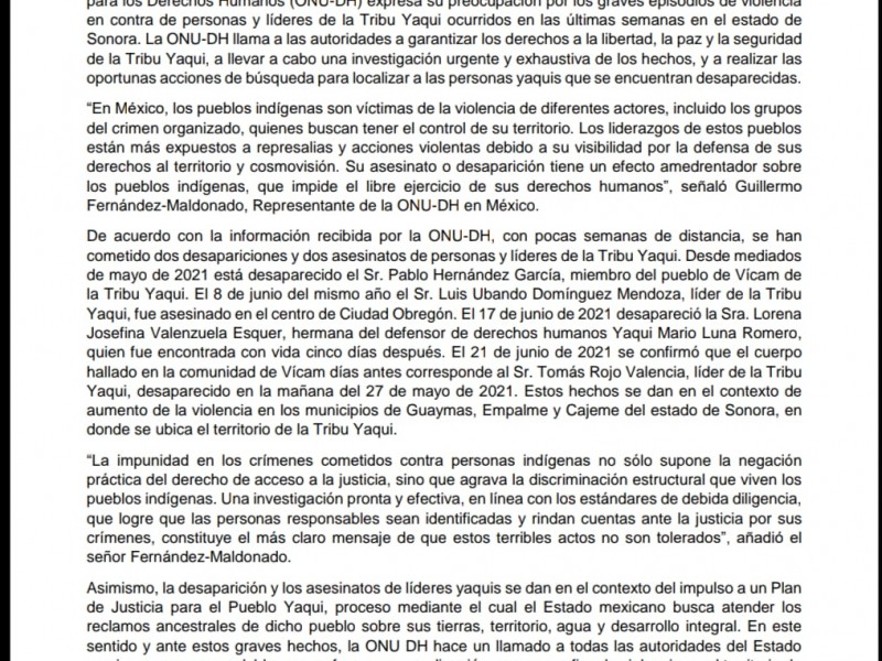 Paz y seguridad para La Tribu Yaqui: ONU