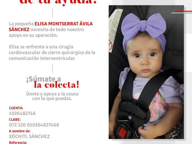 Pequeña de cinco meses requiere apoyo para cirugía de corazón