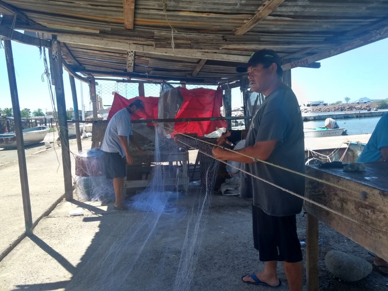 Pescadores preparan chinchorros para el camarón