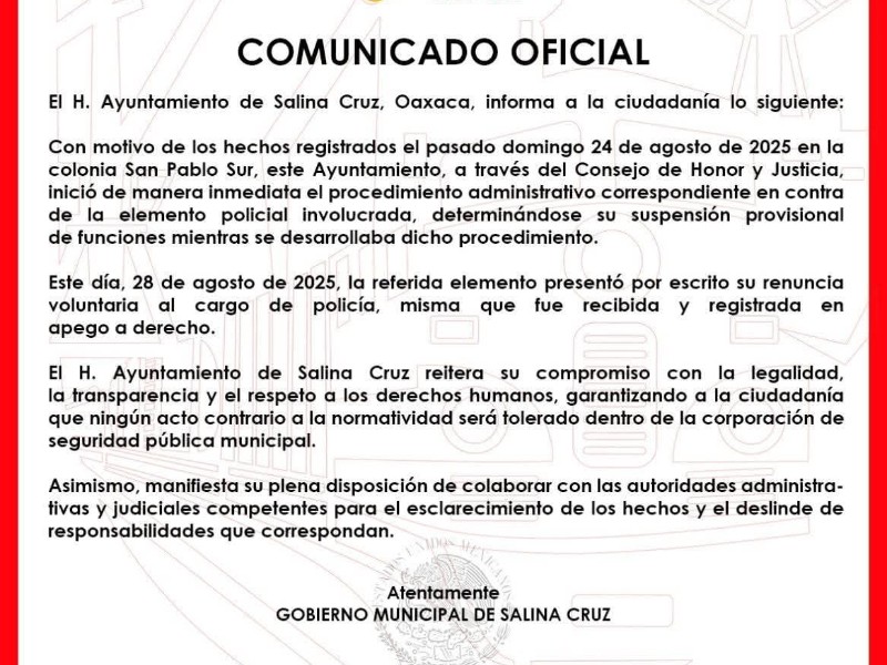 Pese a renuncia de mujer policía por violencia, ¿realizaran investigaciones?