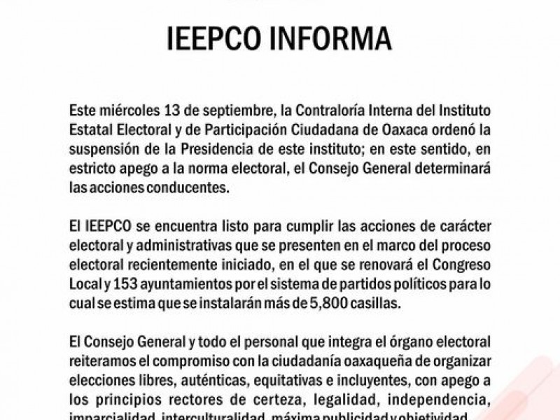 Pese a suspensión de su titular IEEPCO, listo para elecciones