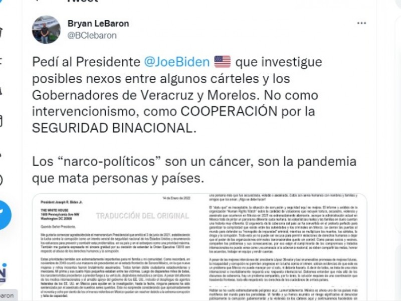 Pide Bryan Le Baron intervención de USA para combatir NarcoPoliticos