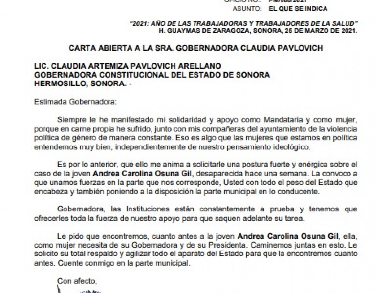 Piden alcaldesa apoyo de gobernadora para encontrar a Carolina