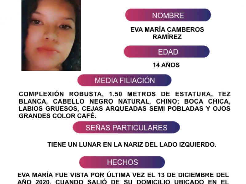 Piden ayuda para localizar a Eva María Camberos