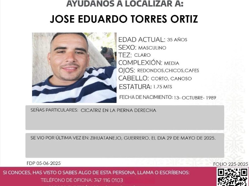 Piden ayuda para localizar a hombre desaparecido en Zihuatanejo