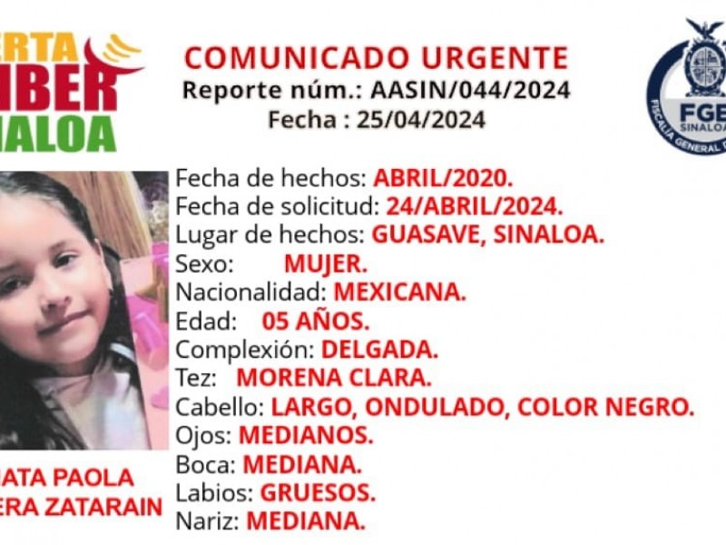 Piden ayuda para localizar a niña desaparecida en Guasave