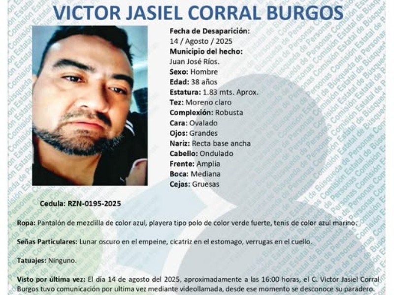 Piden ayuda para localizar a Víctor Jasiel,desapareció en Juan José Ríos