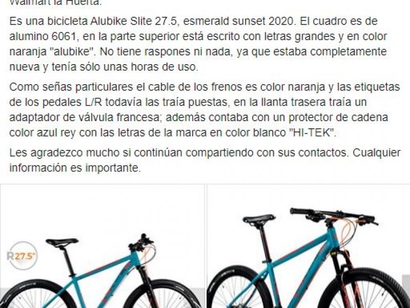 Piden ayuda para recuperar bicicleta robada en Walmart La Huerta