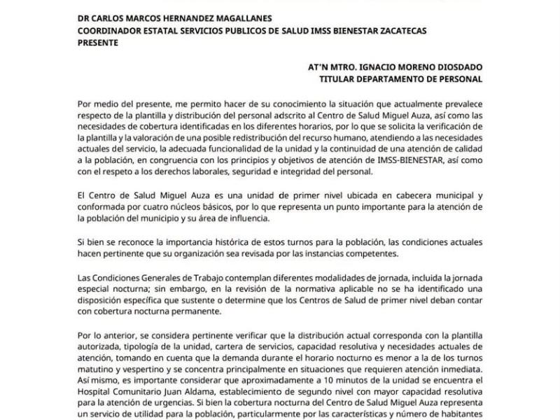 Plantean revisar turno nocturno en Centro de Salud de Miguel Auza