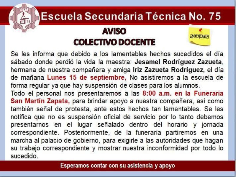 Planteles educativos protestan contra asesinato de maestra