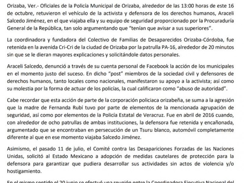 Policía Municipal de Orizaba retuvo a Araceli Salcedo