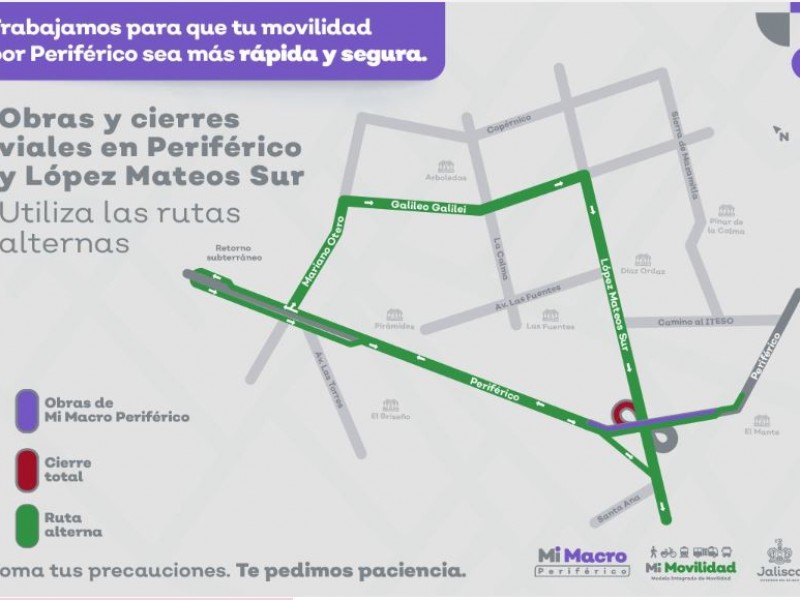 Por 15 días, cierres viales en Periférico y López Mateos