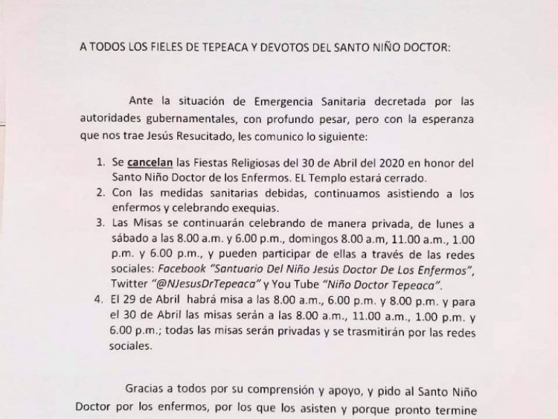 Por contingencia se suspende celebración del Niño Doctor en Tepeaca