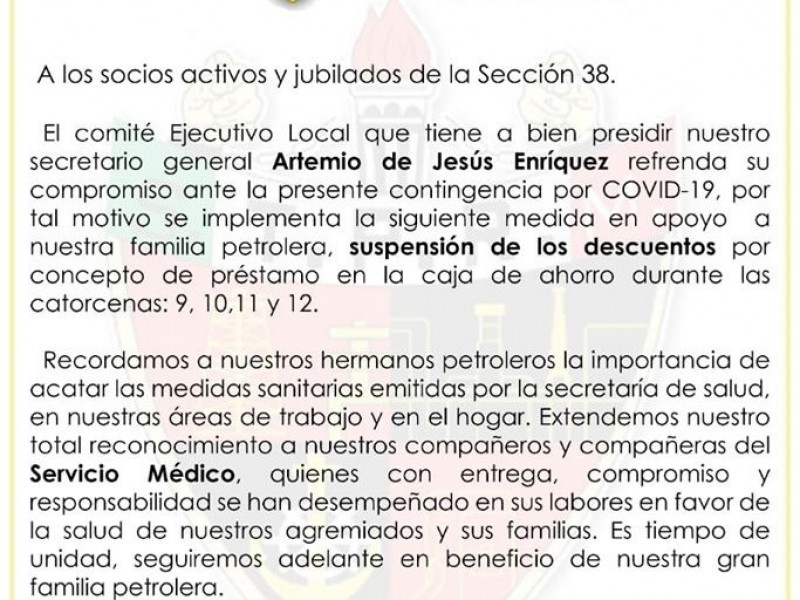 Por Covid-19 Sección 38 suspende descuentos por concepto de préstamo