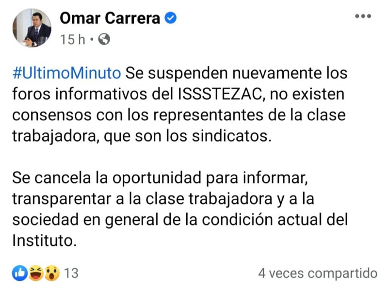 Por falta de consenso suspenden foros Issstezac