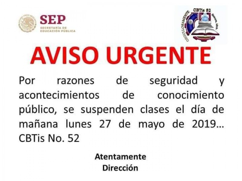 Por inseguridad, instituciones educativas de Zamora suspenden clases