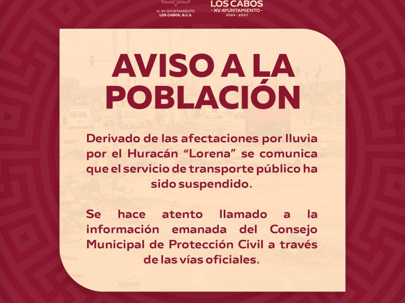 Por lluvias se suspende el servicio del transporte público en Los Cabos