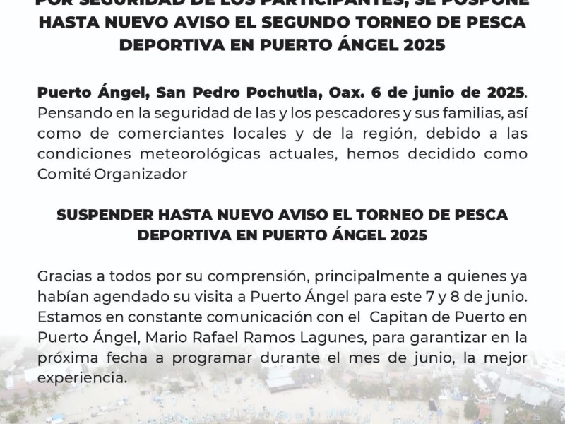 Por mal tiempo suspenden torneo de pesca en Puerto Angel