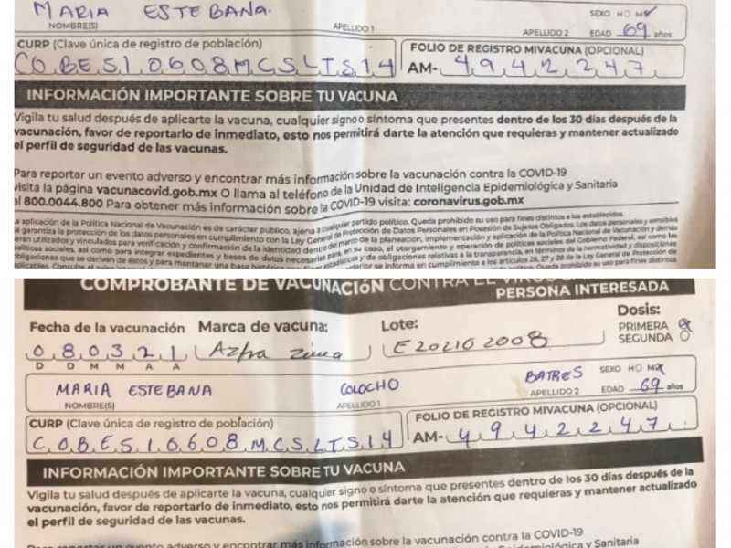 Por mala atención adulto mayor recibe dosis distinta de vacuna