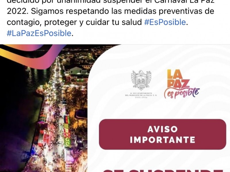 Por segundo año consecutivo cancelan Carnaval La Paz