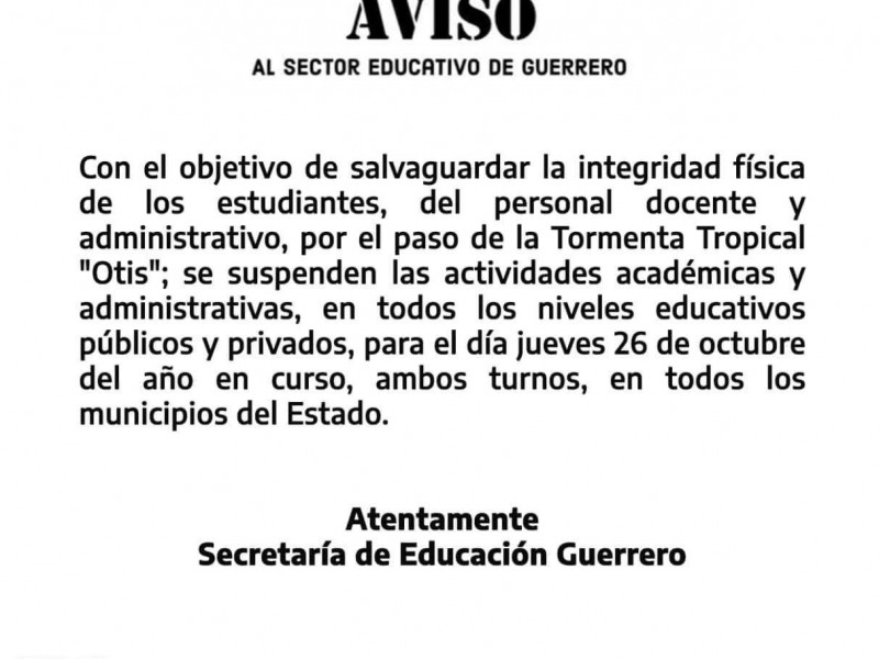 Por segundo día consecutivo suspenden clases en todo Guerrero