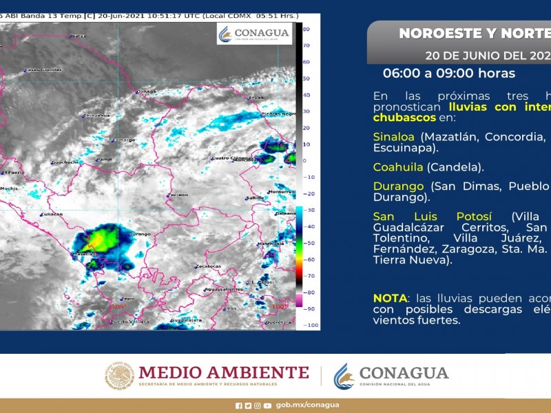 Posibles chubascos en Sinaloa, Coahuila, Durango y San Luis Potosí