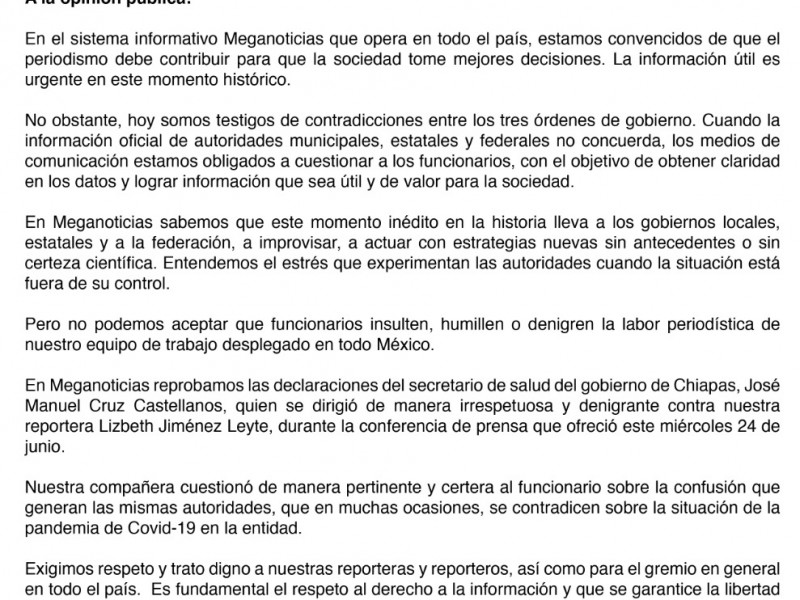 Posicionamiento del Comité Editorial de Meganoticias ante agresiones