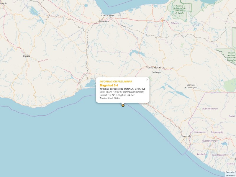 Preliminar: Sismo 5.4 con epicentro en Tonalá Chiapas