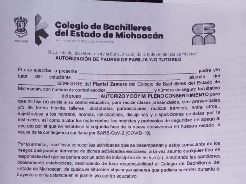 Prepara COBAEM regreso a clases, con carta autorización de padres