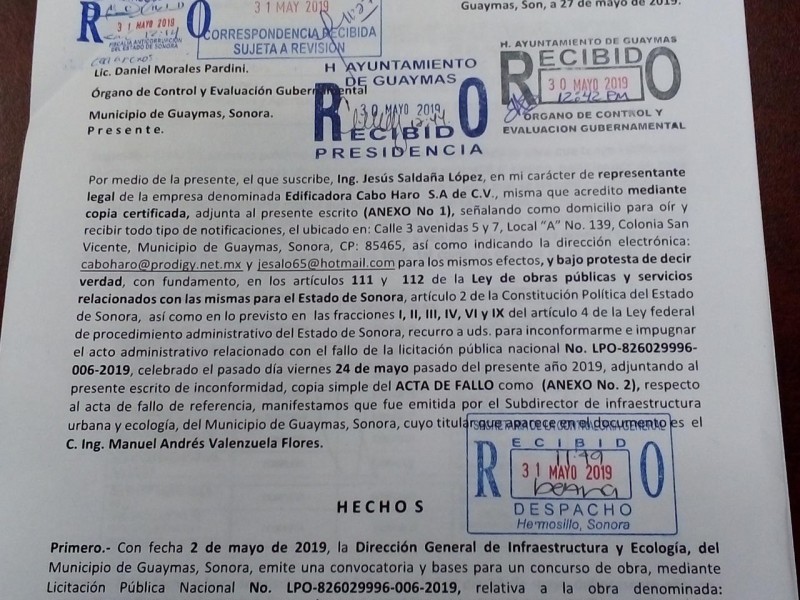 Presenta Constructora recurso de inconformidad contra Ayuntamiento