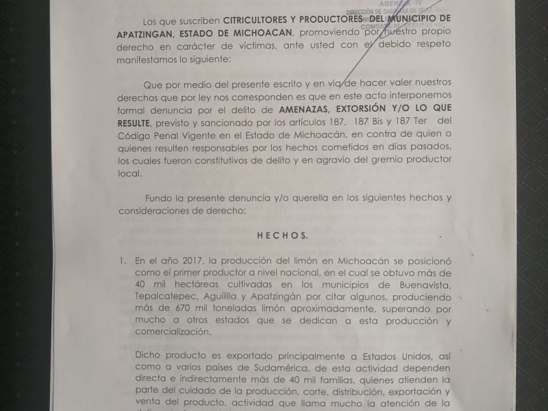 Presentan denuncia por extorsión a limoneros de Apatzingán