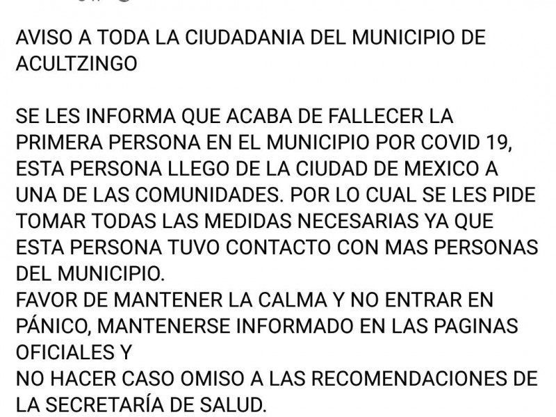 Primer fallecido por COVID19 en Acultzingo, Veracruz