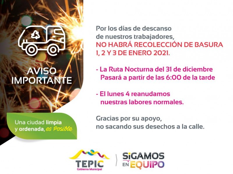 Primeros 3 días de enero no habrá recolección de basura