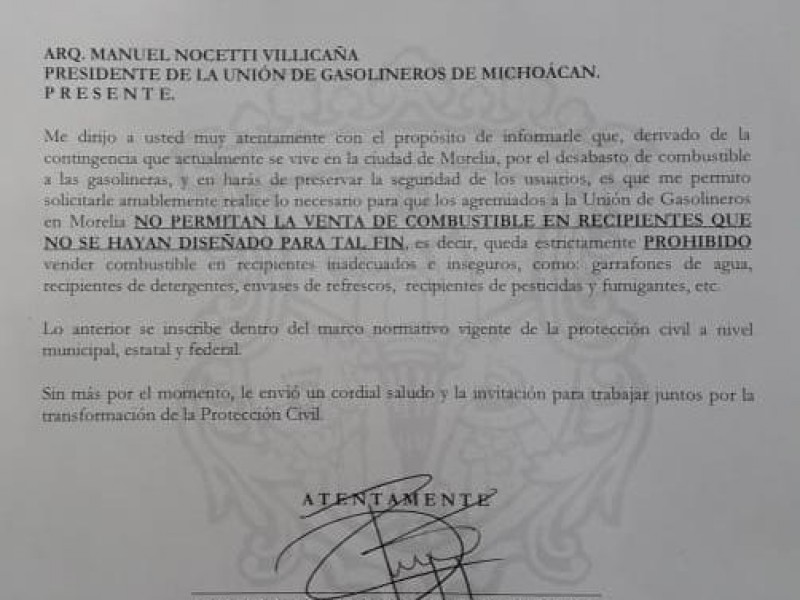 Prohíbe ayuntamiento venta de combustible en envases