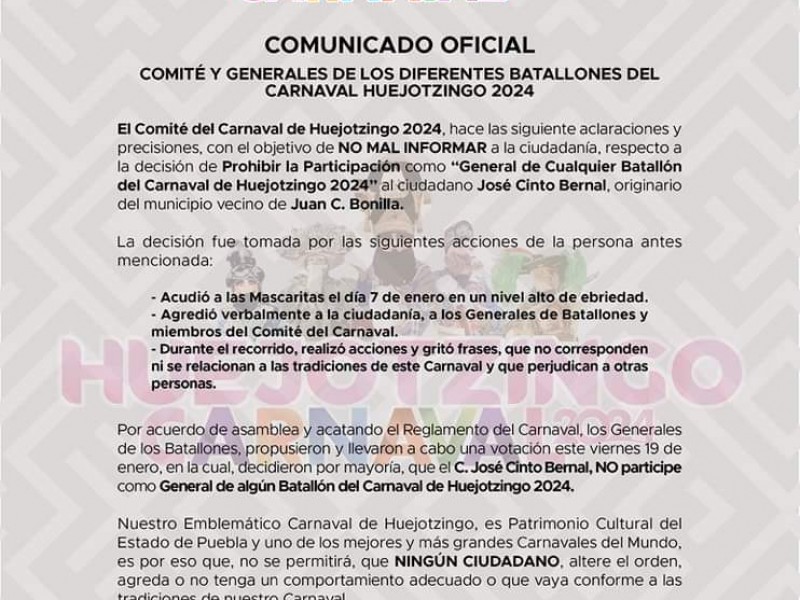 Prohiben a edil de Juan C. Bonilla participar en carnaval