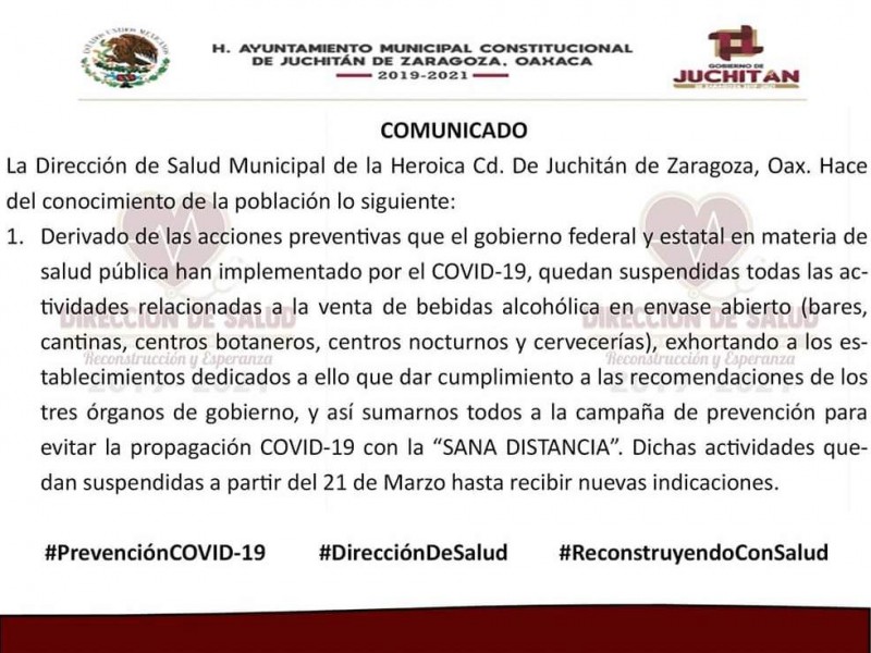 Prohíben venta de bebidas alcohólicas en Juchitán por COVID-19