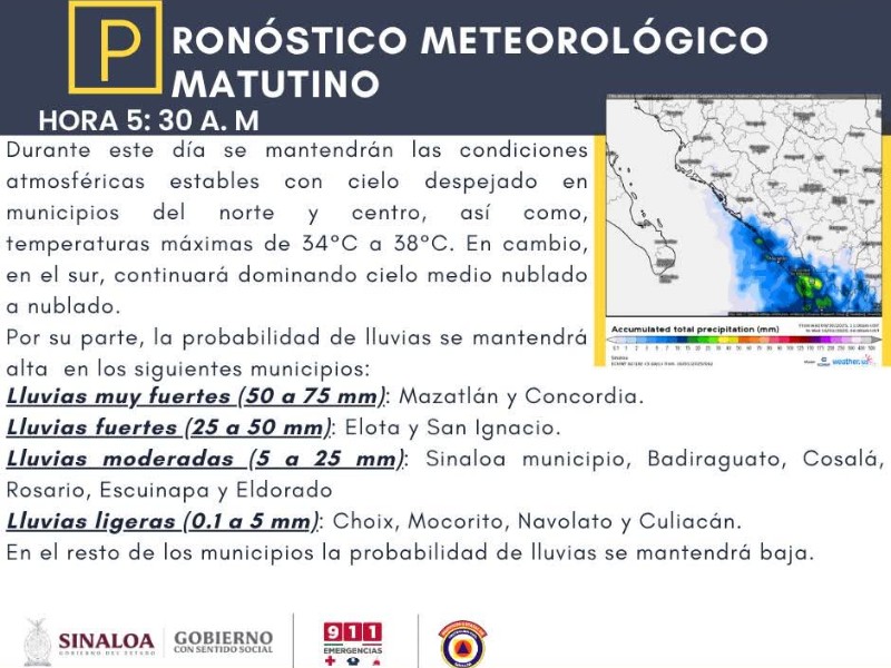 Pronostican lluvias matutinas fuertes en Mazatlán