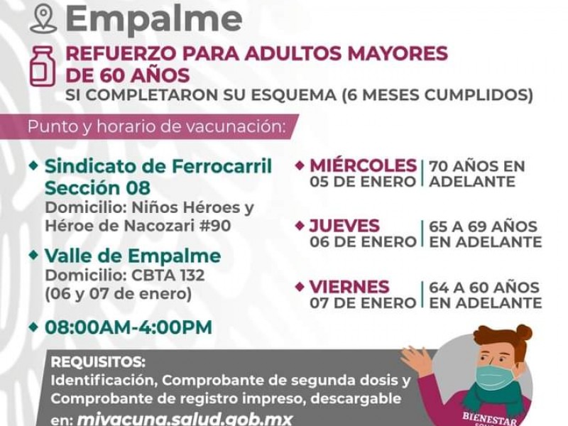 Próximo miércoles vacunaran adultos mayores en Empalme