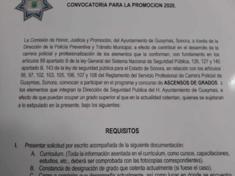 Publican convocatoria para ascensos en Seguridad Pública