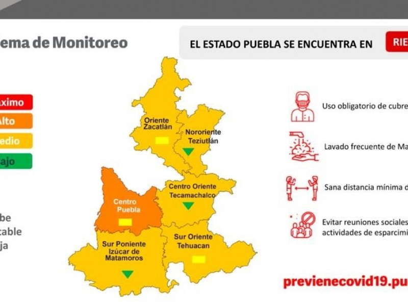 Puebla tiene 5 regiones en color amarillo y uno naranja