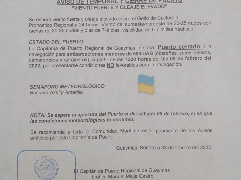 Puerto cerrado a la navegaciòn por viento fuerte y oleaje