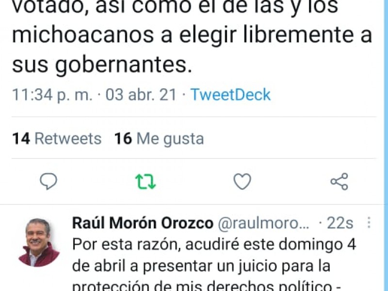 Raúl Morón presentará un juicio ante resolutivo del Iem