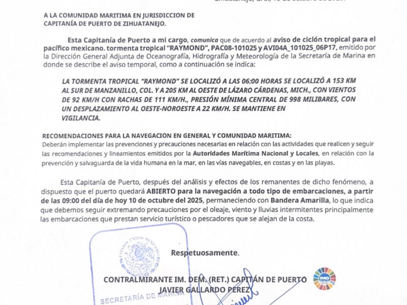 Reabren puerto a la navegación en Zihuatanejo
