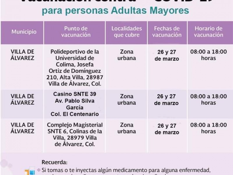 Reanudan vacunación contra Covid-19 en Villa de Álvarez