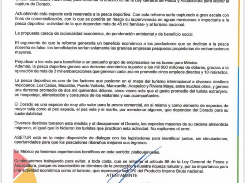 Rechaza ASETUR pesca comercial del Dorado