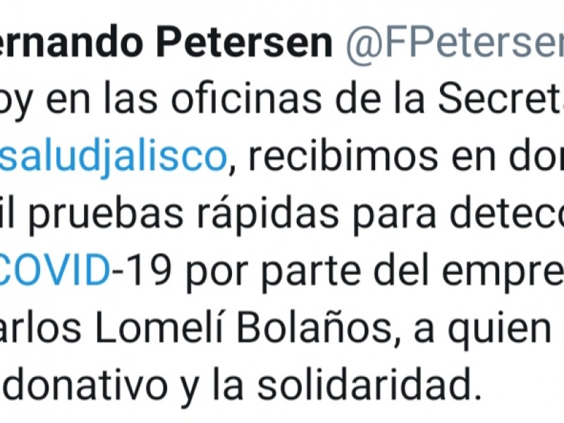 Recibe SSJ donación de pruebas rápidas de Lomelí