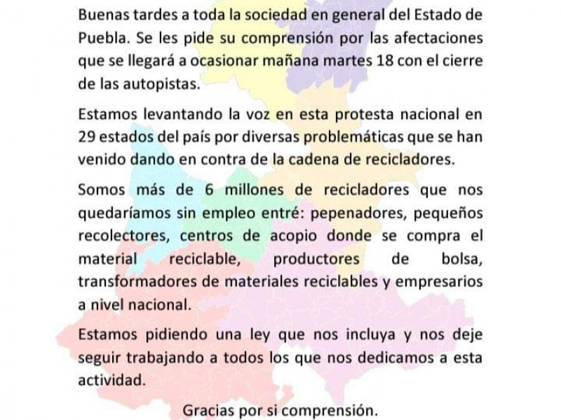 Recicladores realizarán bloqueos en autopistas de 29 estados