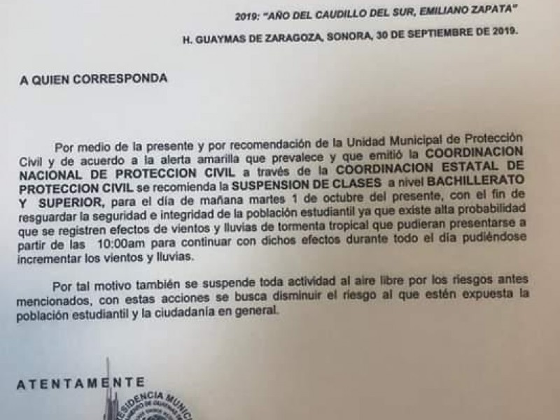 Recomiendan suspensión de clases a Preparatorias y Universidades