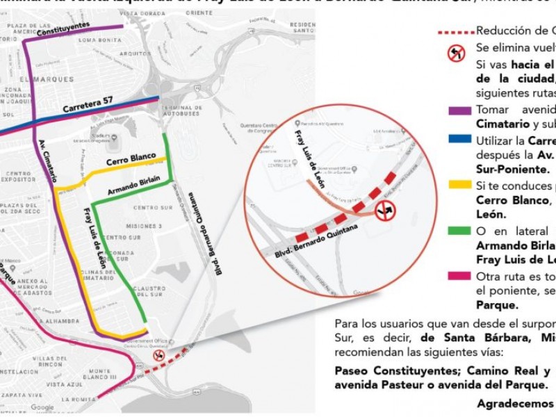 Reducen de 3 a 2 carriles B.Quintana Sur